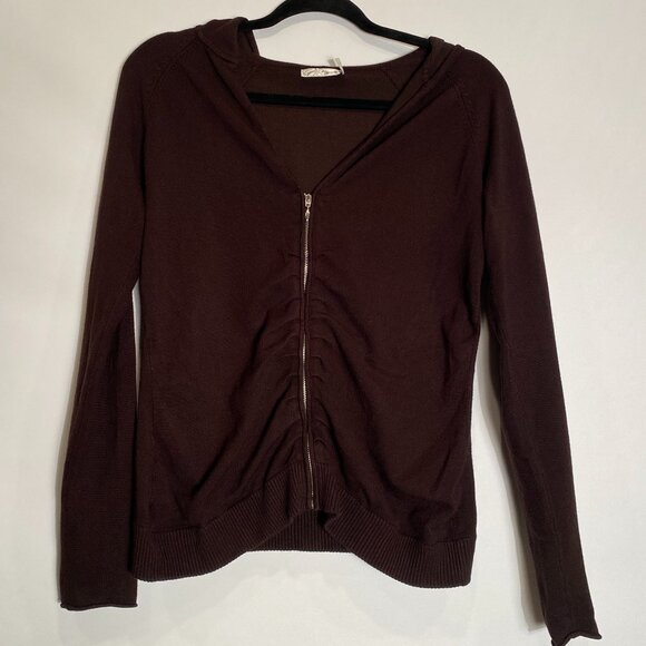 Vintage Brown Y2K PERFECT BASIC Scrunchy Ruched Zip Up HOODIE Cardigan! M to L - Picture 5 of 14